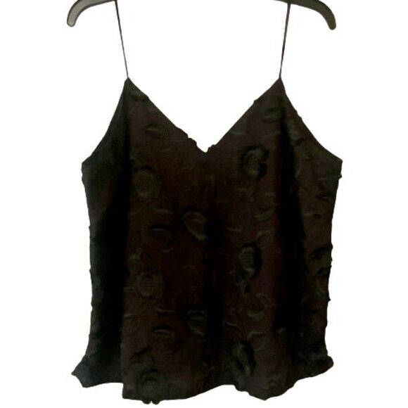 Ophelia Roe Tops - Womens Ophelia Roe Black Textured Lined Size L V-Neck Camisole Embroidered Top